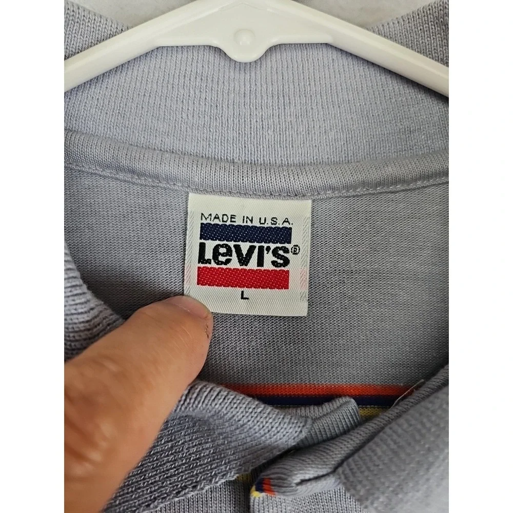 Vintage Levi's Polo Shirt Gray Striped Snaps Men's Large Made In USA